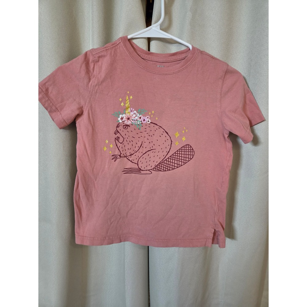Duluth Trading Co Kids Pink Beaver Unicorn Floral Graphic Tee Shirt Size 5